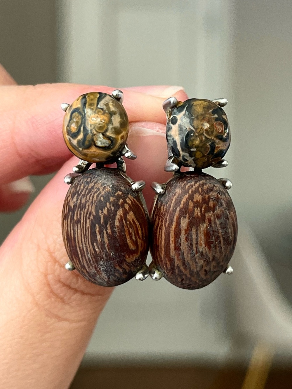 Vintage Oscar de la Renta Petrified Wood Glass Cabochon Drop Pierced Earrings